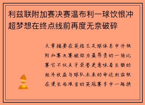 利兹联附加赛决赛温布利一球饮恨冲超梦想在终点线前再度无奈破碎